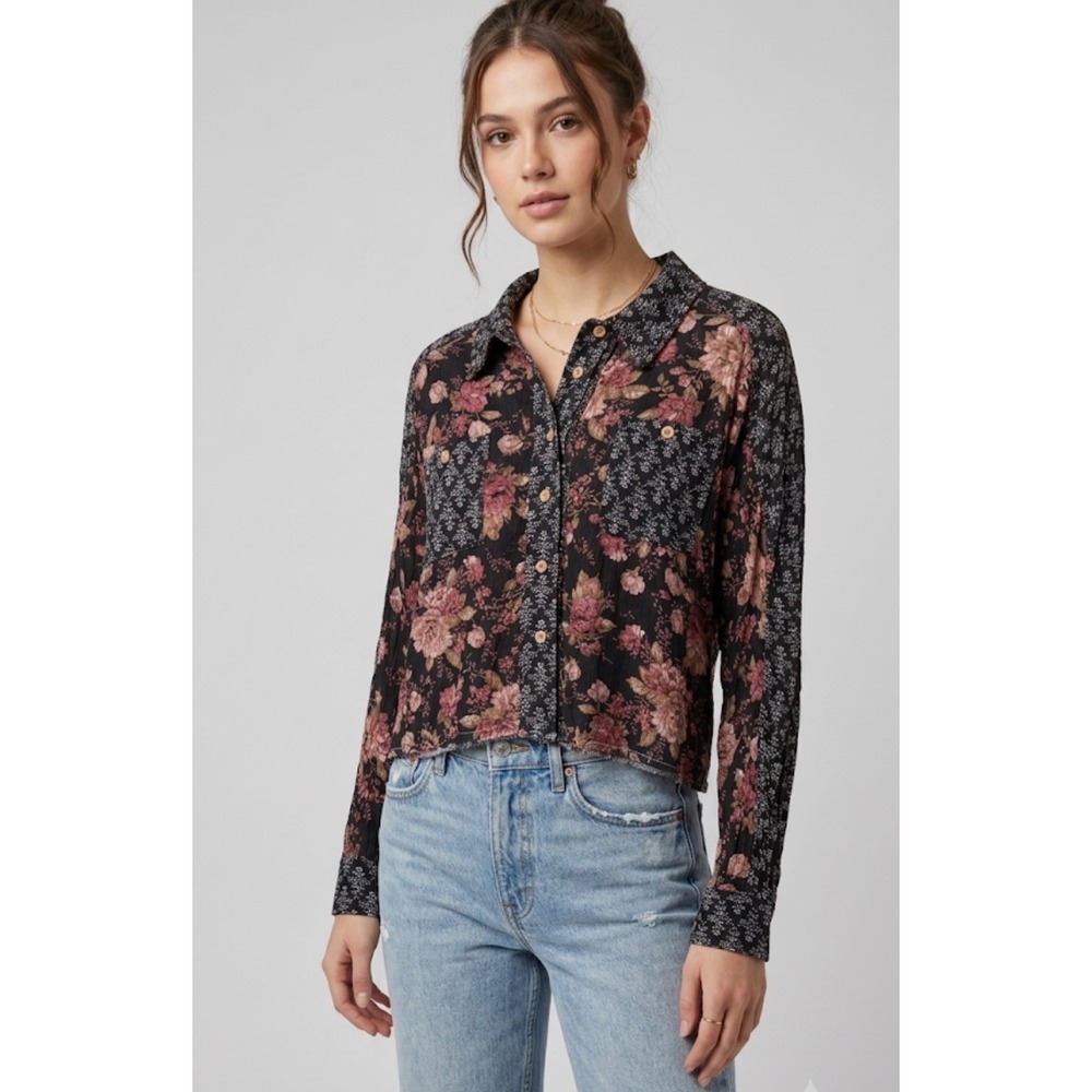 Urban Daizy Mixed Print Floral Cropped Button Up Top Boho Cottagecore Small
